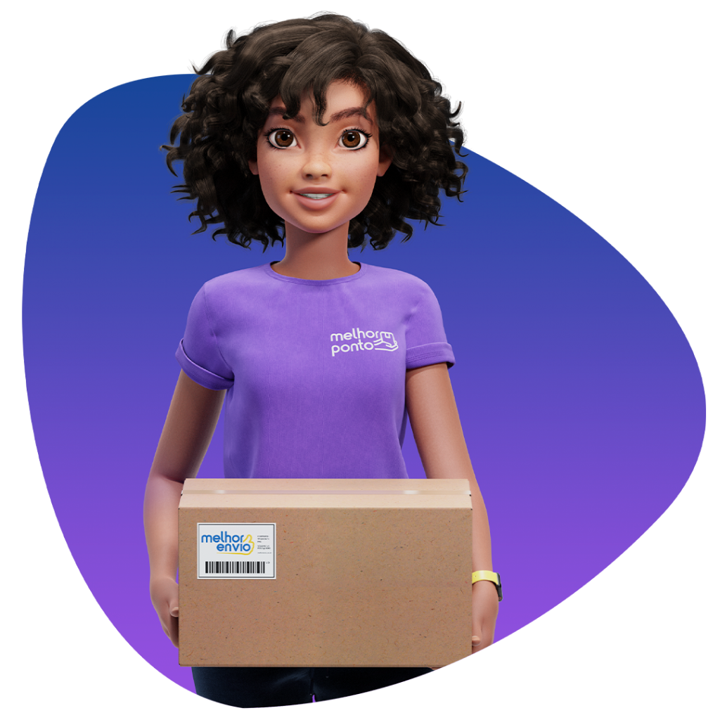 Mascote Mel carregando pacote, vestindo a camiseta do melhor ponto lilás