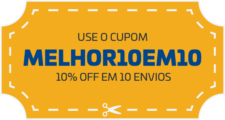 ilustração de cupom para 10% off em 10 envios, use MELHOR10EM10