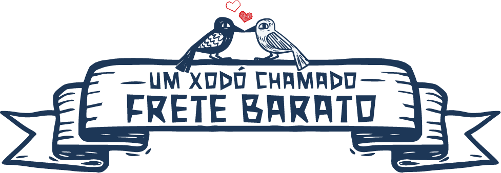 Logo Um xodó chamado frete barato dentro de uma faixa e um casal de passarinhos sobre